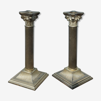 Duo of silver metal column candle holders