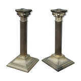 Duo of silver metal column candle holders