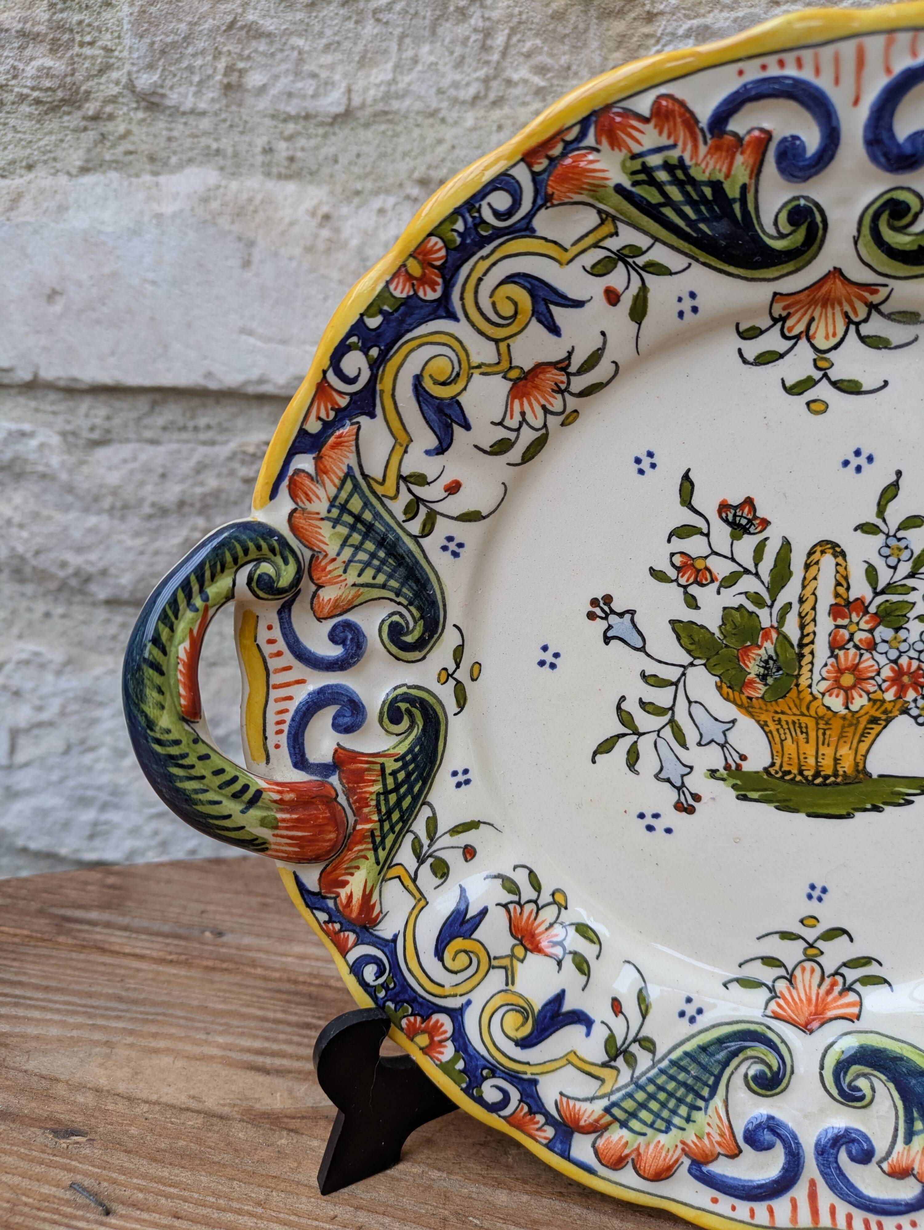 Old decorative plate with handles Old Rouen handmade