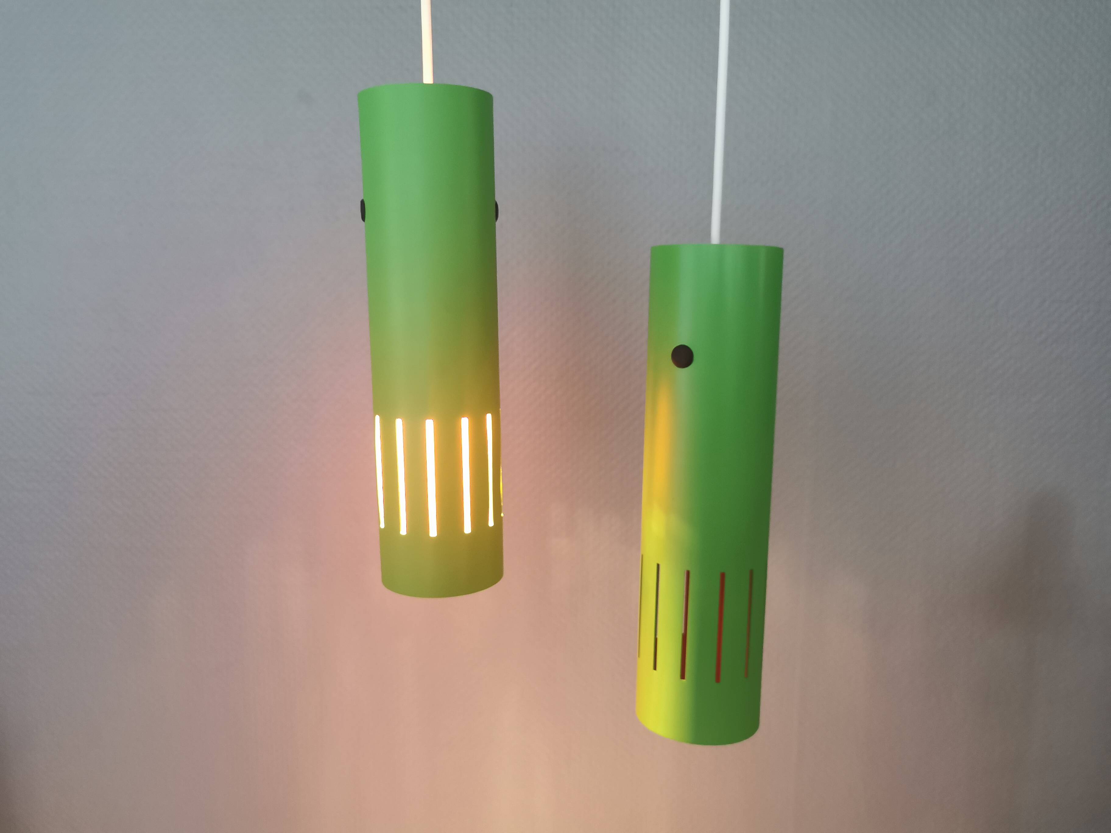 Trombone hanging lamps, refurbished, repainted in beautiful green colours