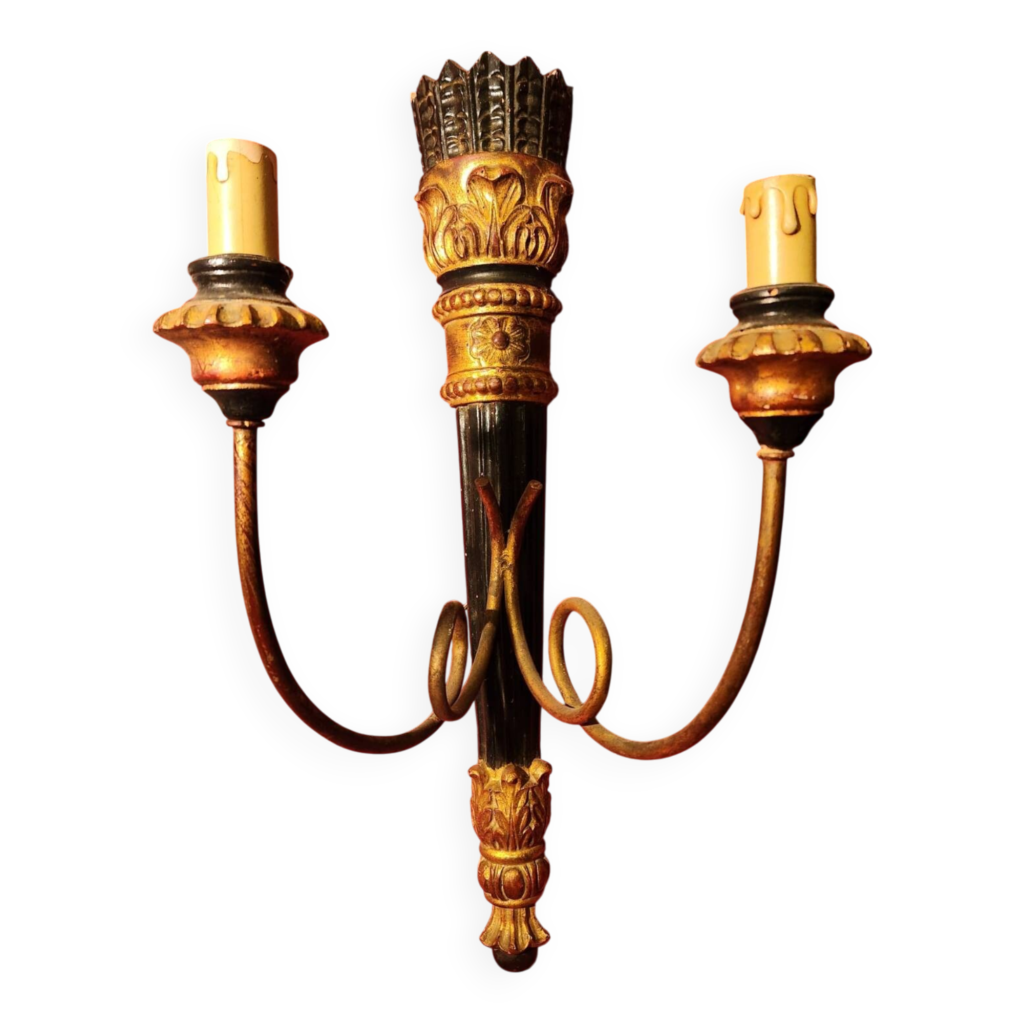Large antique double wall light in gilded and black wood from the attic