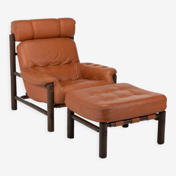Brutalist Lounge Chair and Ottoman in Cognac Leather , 1970s