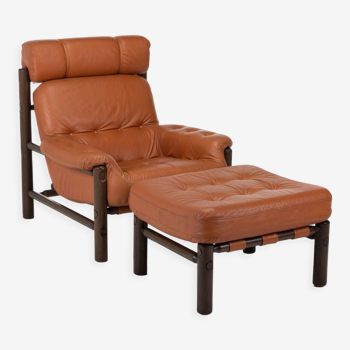 Fauteuil brutaliste et pouf en cuir de cognac, années 1970