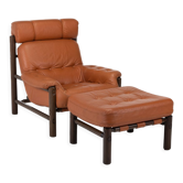 Brutalist Lounge Chair and Ottoman in Cognac Leather , 1970s