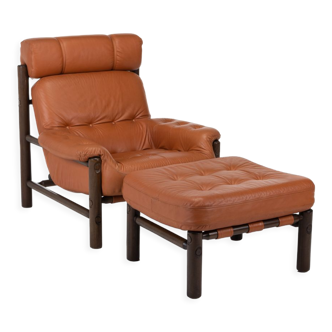 Brutalist Lounge Chair and Ottoman in Cognac Leather , 1970s