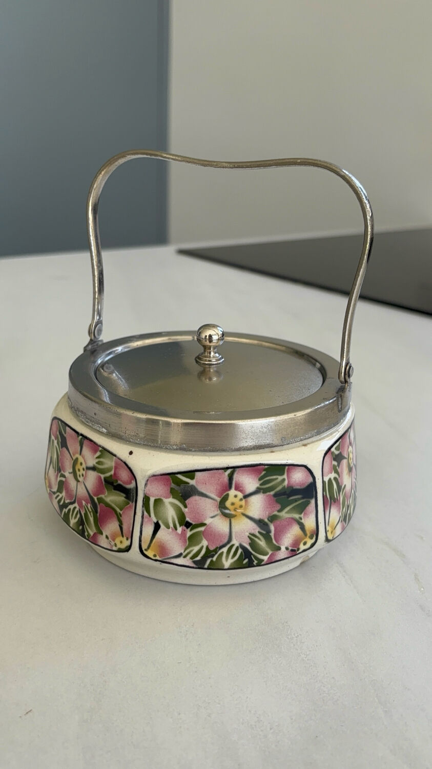 Bonbonnière art déco céramique décor floral – sucrier avec anse métal
