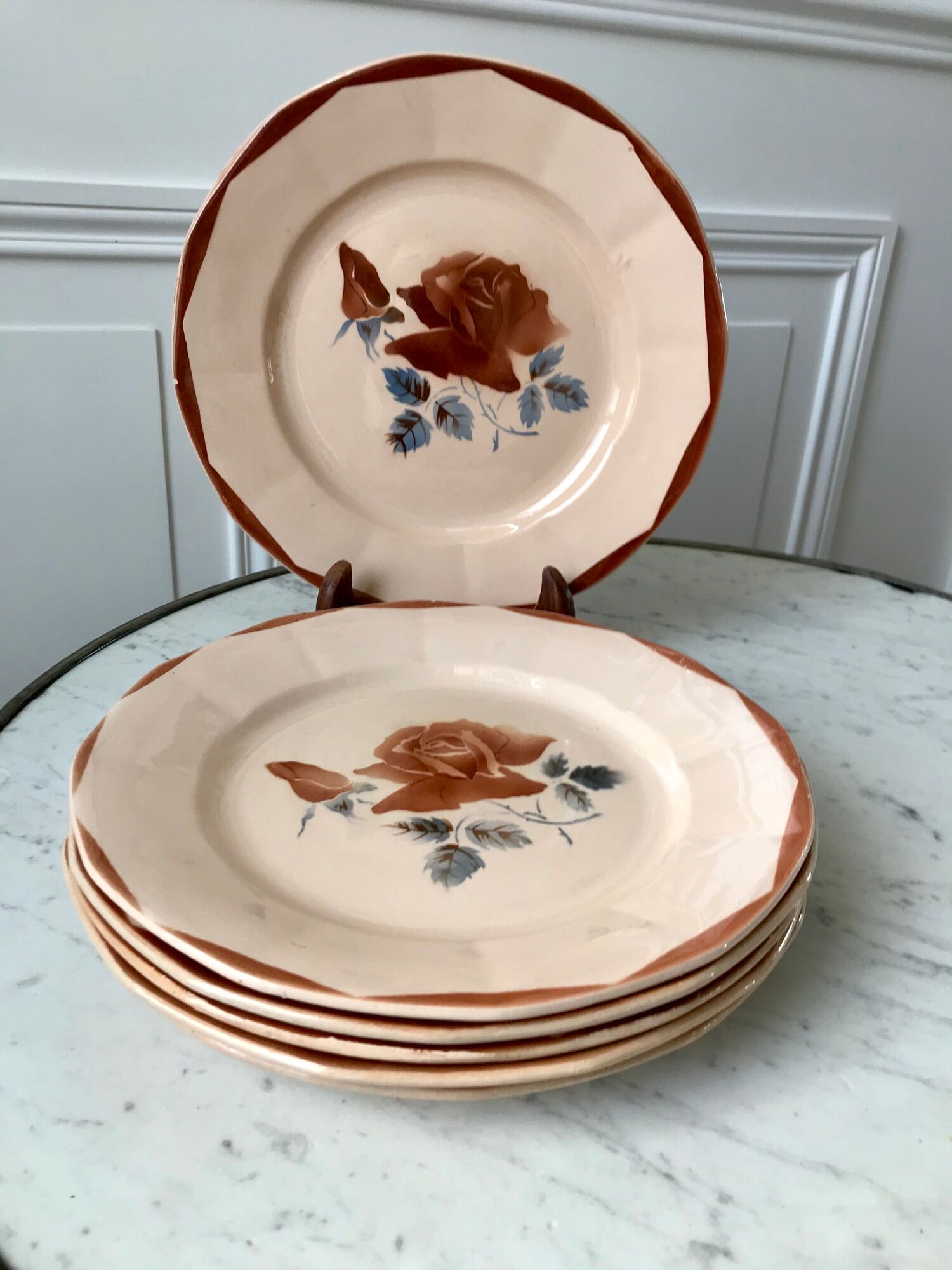 Set of 6 flat plates Digoin Sarreguemines pink flowers years 30-40