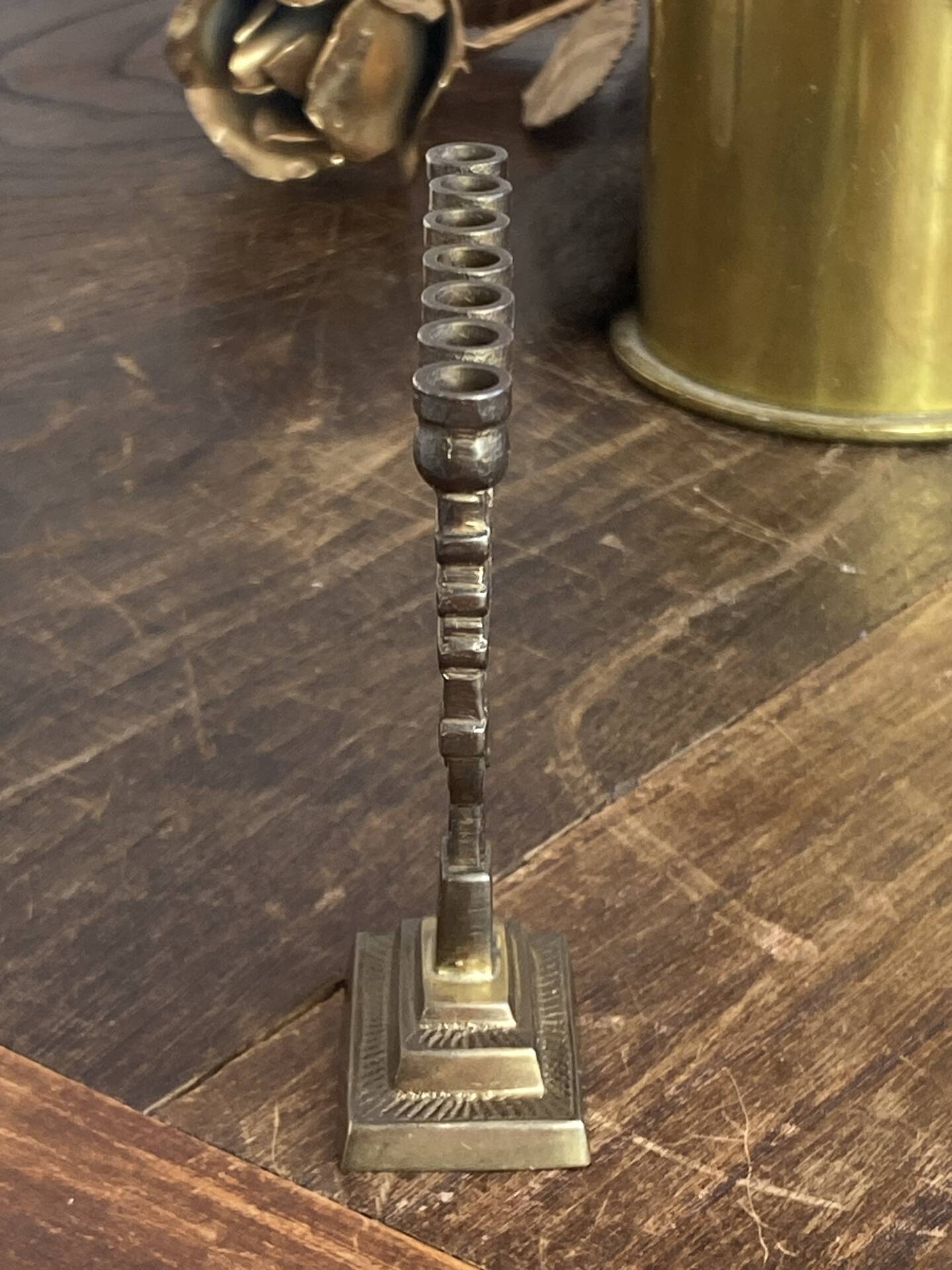 Chandelier, seven-branched menorah, in brass.