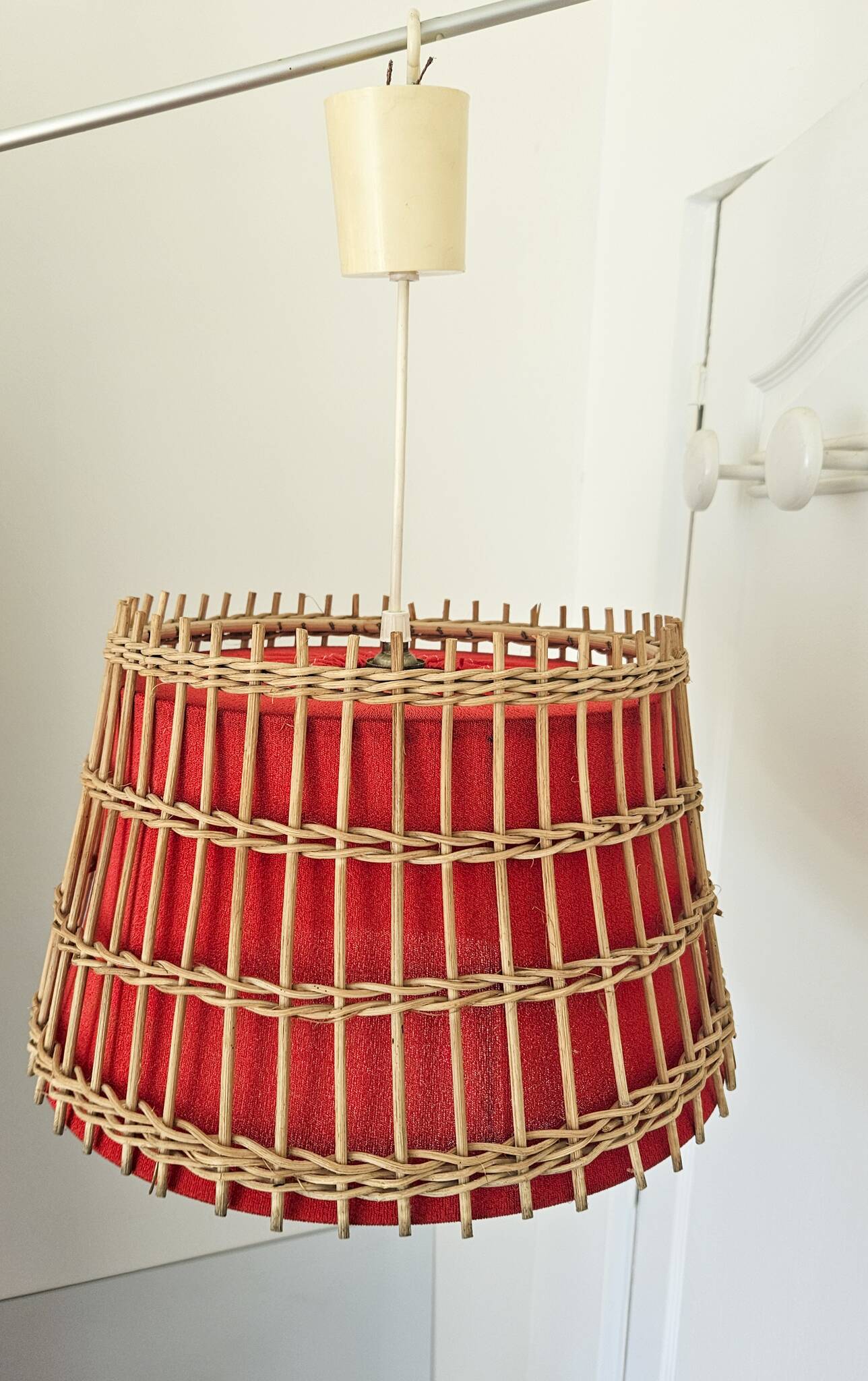Vintage rattan pendant light - red fabric interior shade from the 60s