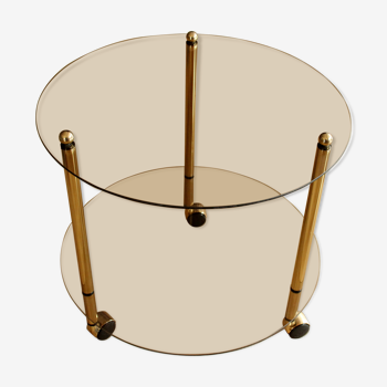 Table d'appoint ronde en laiton et verre fumé, des années 1970