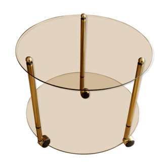 Space age round side table made of brass and smoked glass, vintage from the 1970s