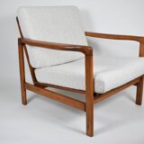 Fauteuil bouclé original Baczyk, restauré, blanc, teck