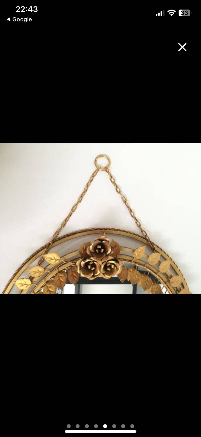 Miroir mural rond vintage en métal doré avec roses et feuillage – styl