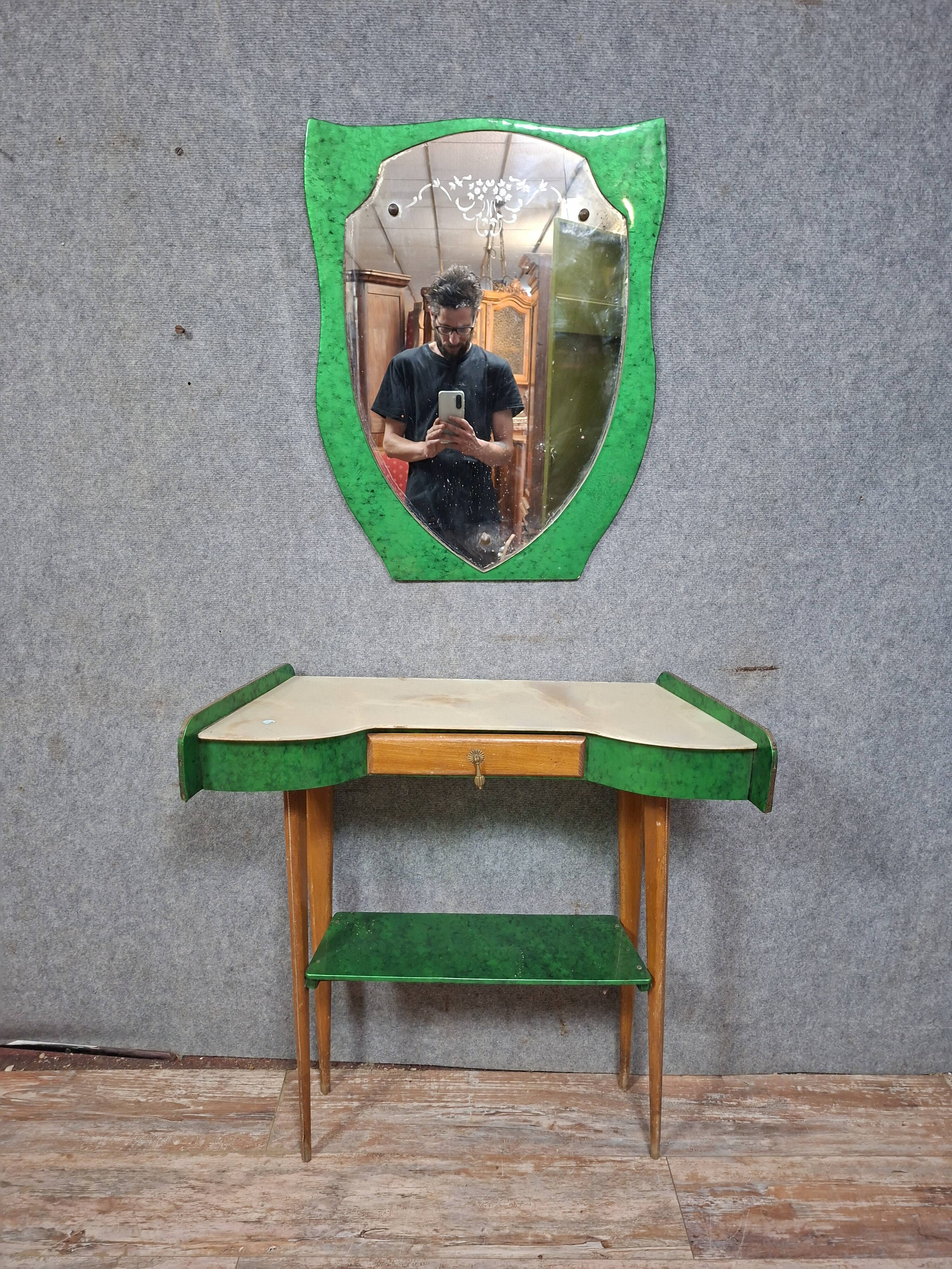 Art Deco console and mirror in green lacquered wood – Circa 1930