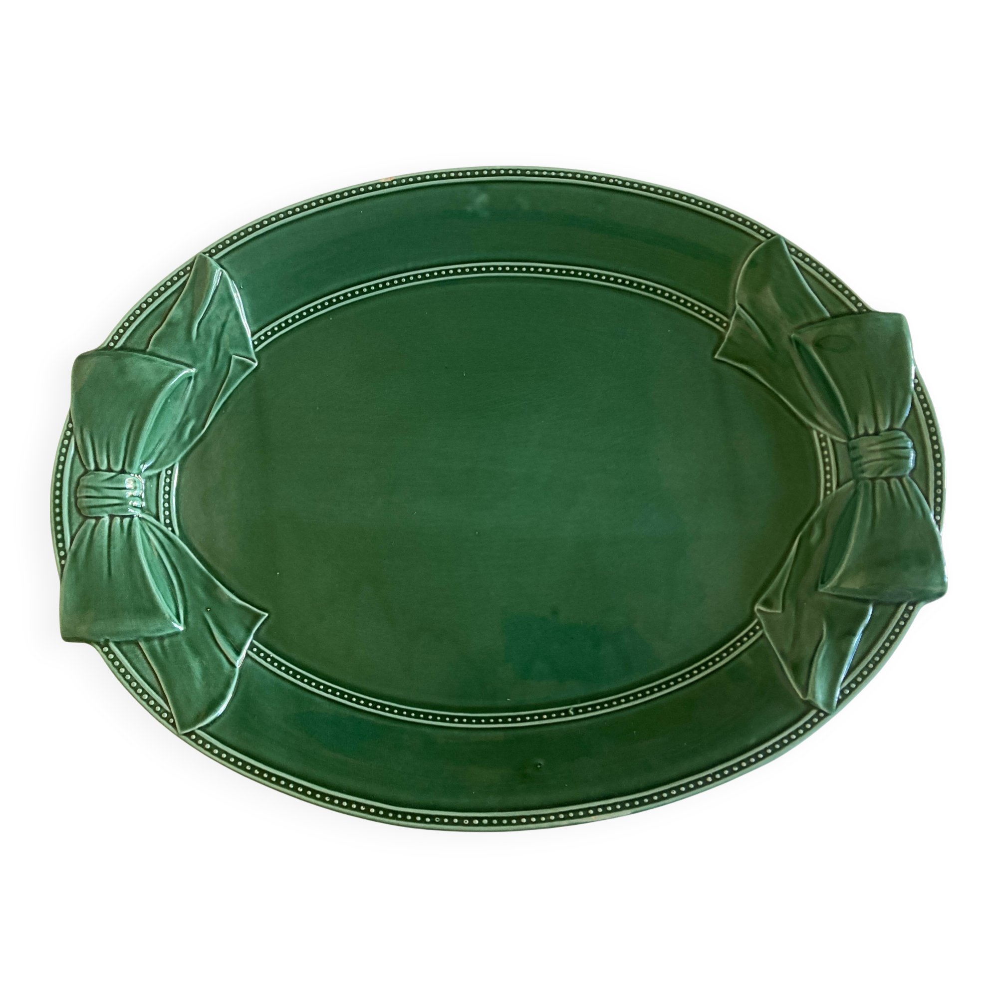XXXL oval earthenware centerpiece dish with pearl decor, green covered, 1960s