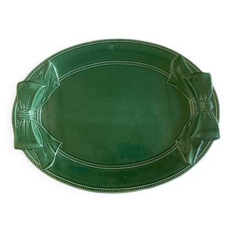 XXXL oval earthenware centerpiece dish with pearl decor, green covered, 1960s