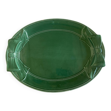 XXXL oval earthenware centerpiece dish with pearl decor, green covered, 1960s