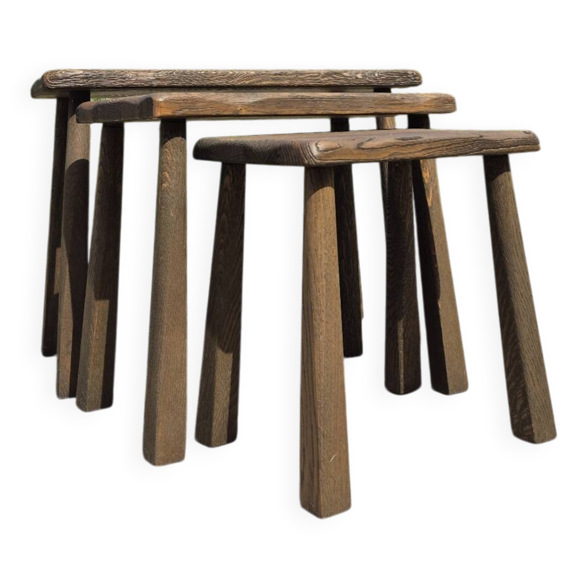 Set 3 nesting tables oak high legs 1970s dark brutalist