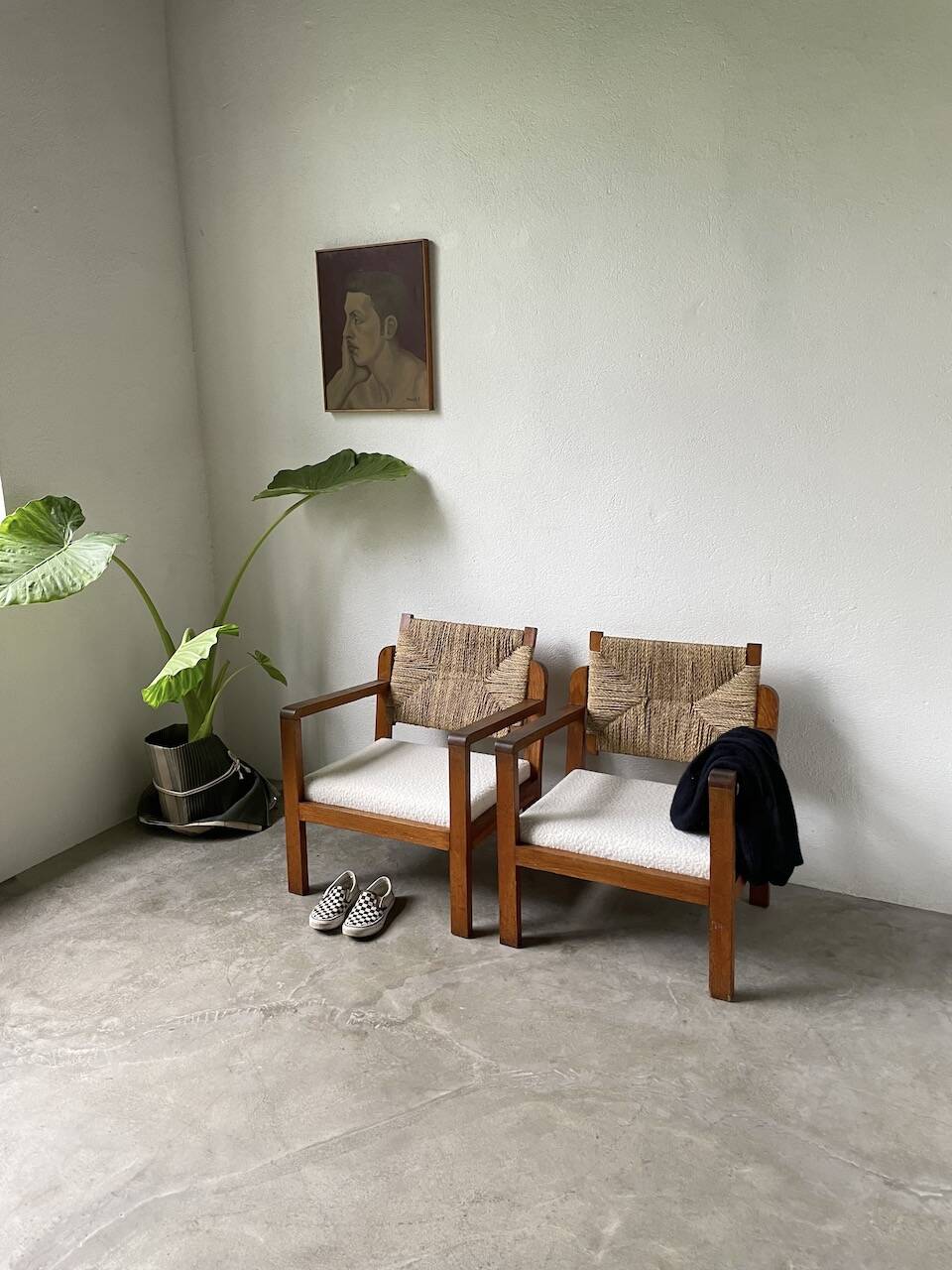 Pair of oak and straw armchairs, reconstruction style