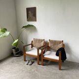 Pair of oak and straw armchairs, reconstruction style