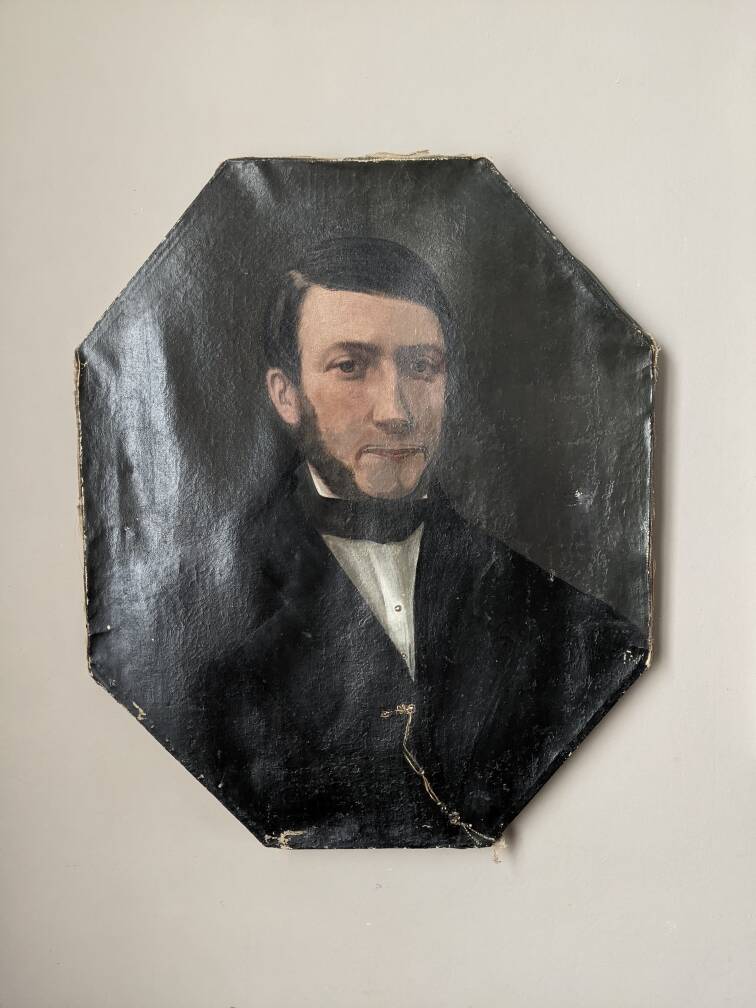 Old oil painting on octagonal canvas portrait countryside decoration