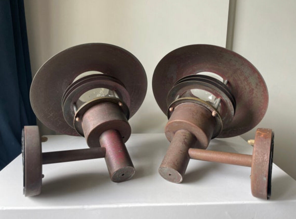 Pair of classic danish vintage MCM outdoor wall lamp in copper