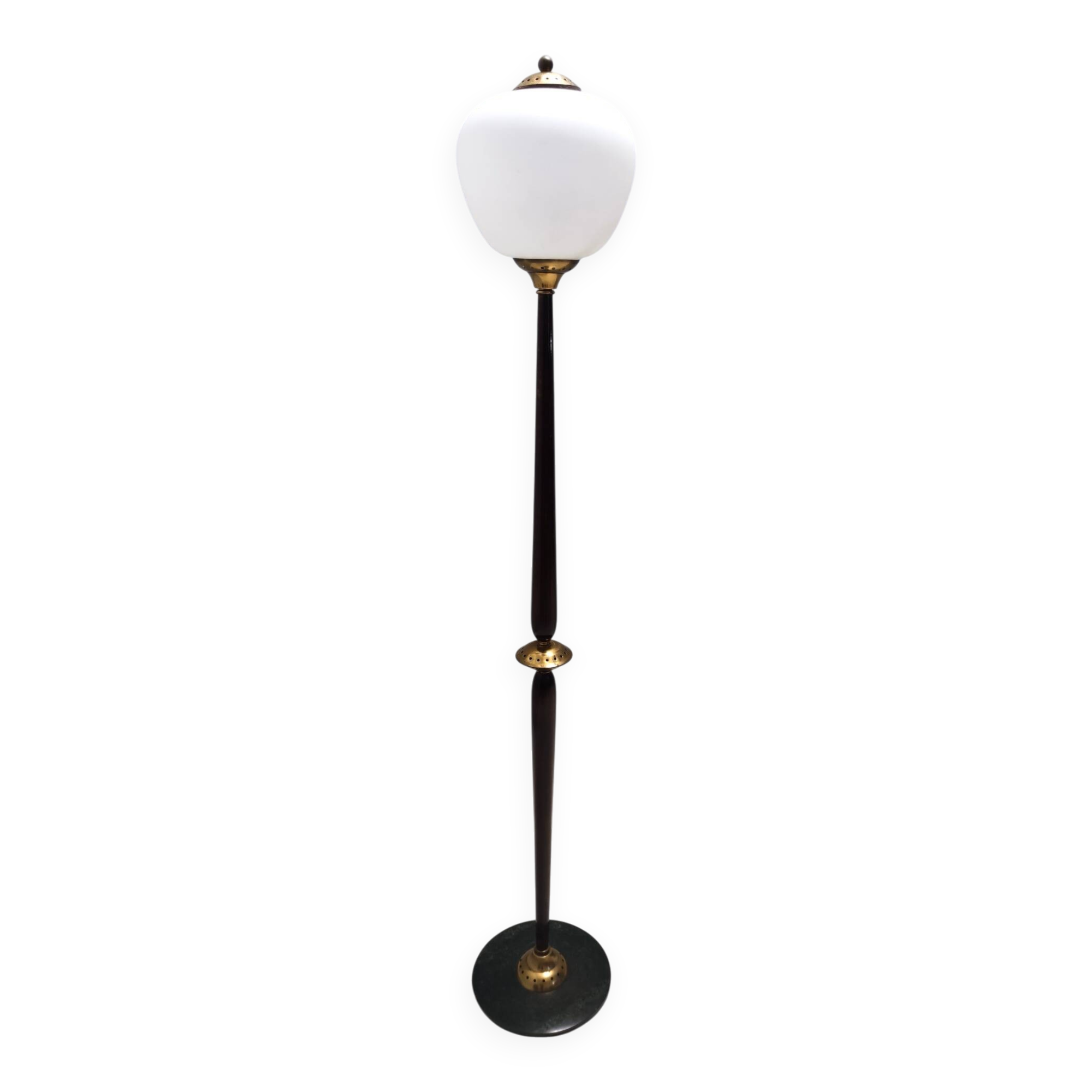 Opaline Glass, Beech and Brass Floor Lamp with Marble Base, Italy