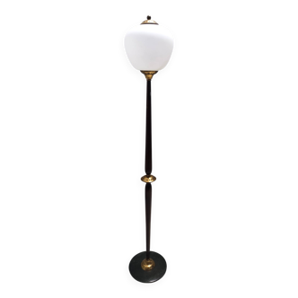 Opaline Glass, Beech and Brass Floor Lamp with Marble Base, Italy
