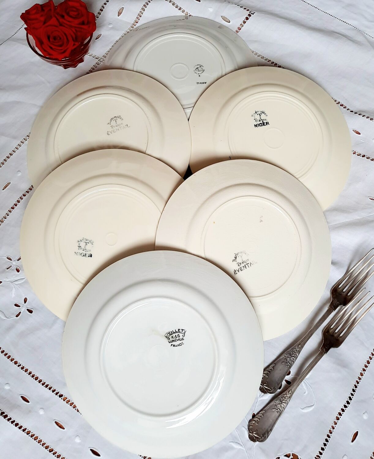 Old flat plates mismatched in earthenware