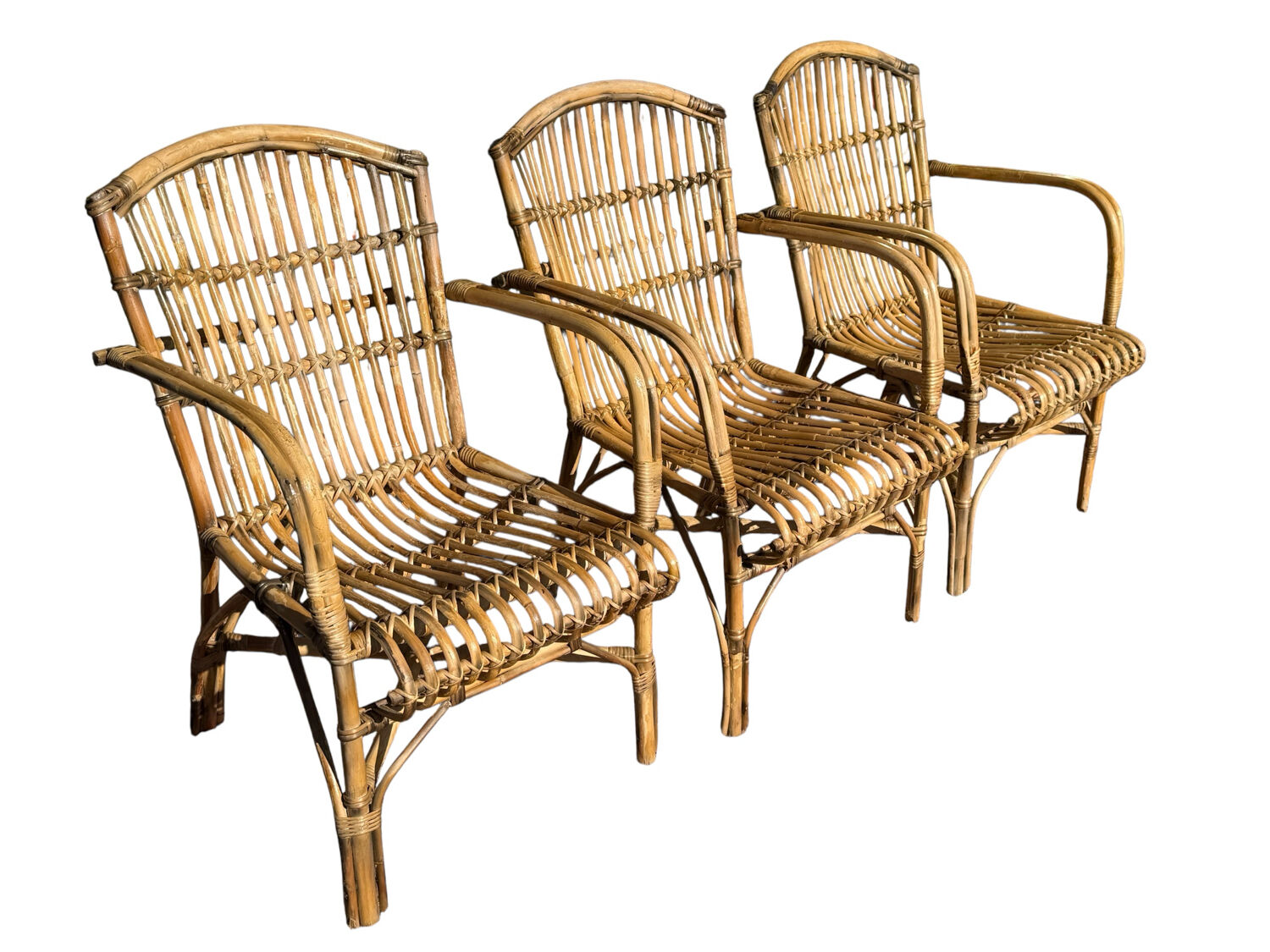 Set of 3 rattan armchairs from the 1970s France