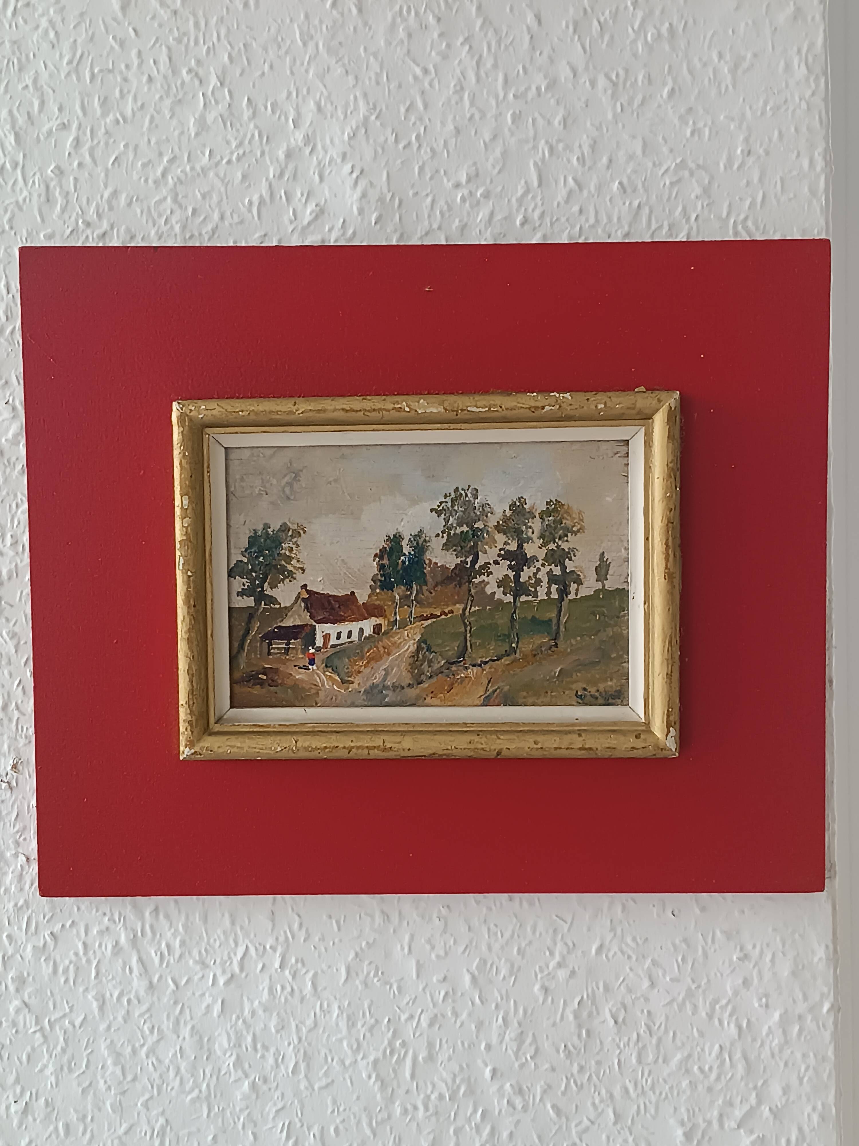 Framed oil on panel of an old countryside landscape.