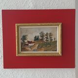 Framed oil on panel of an old countryside landscape.