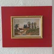 Framed oil on panel of an old countryside landscape.