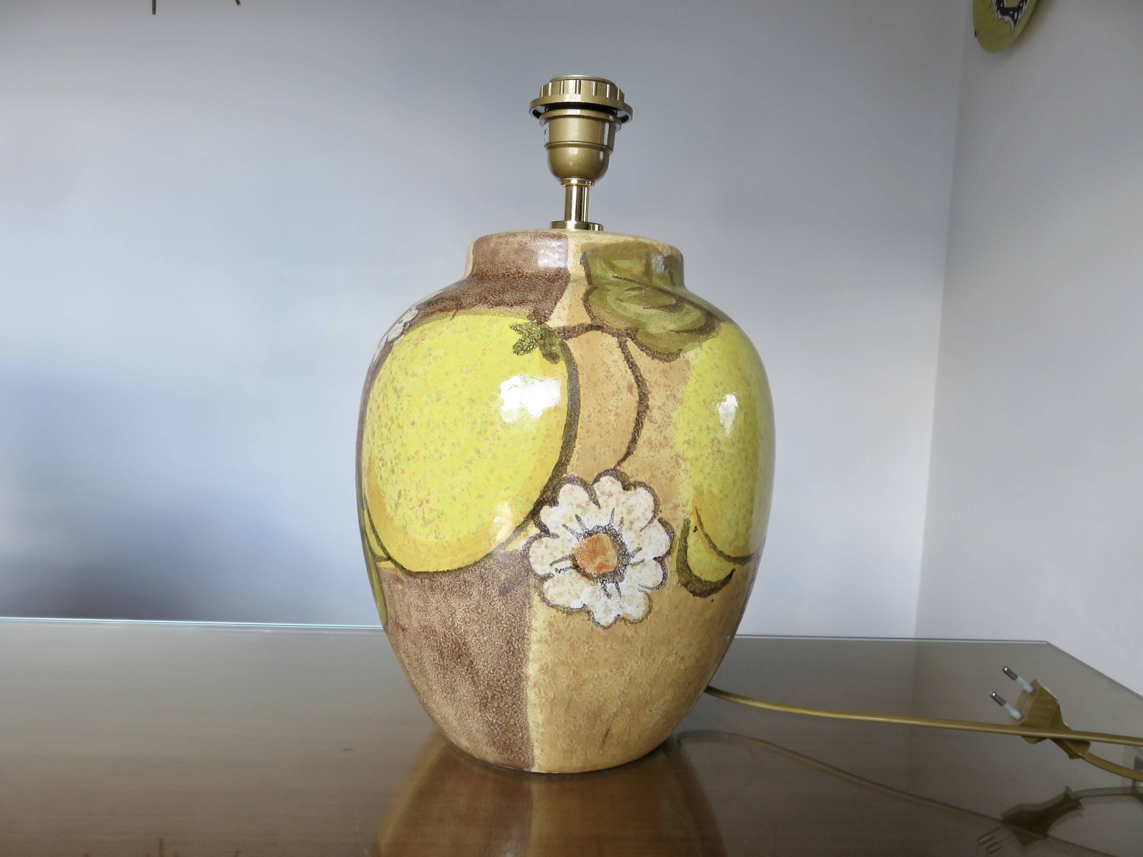Hubert Olivier ceramic lamp with floral decoration, 1980.