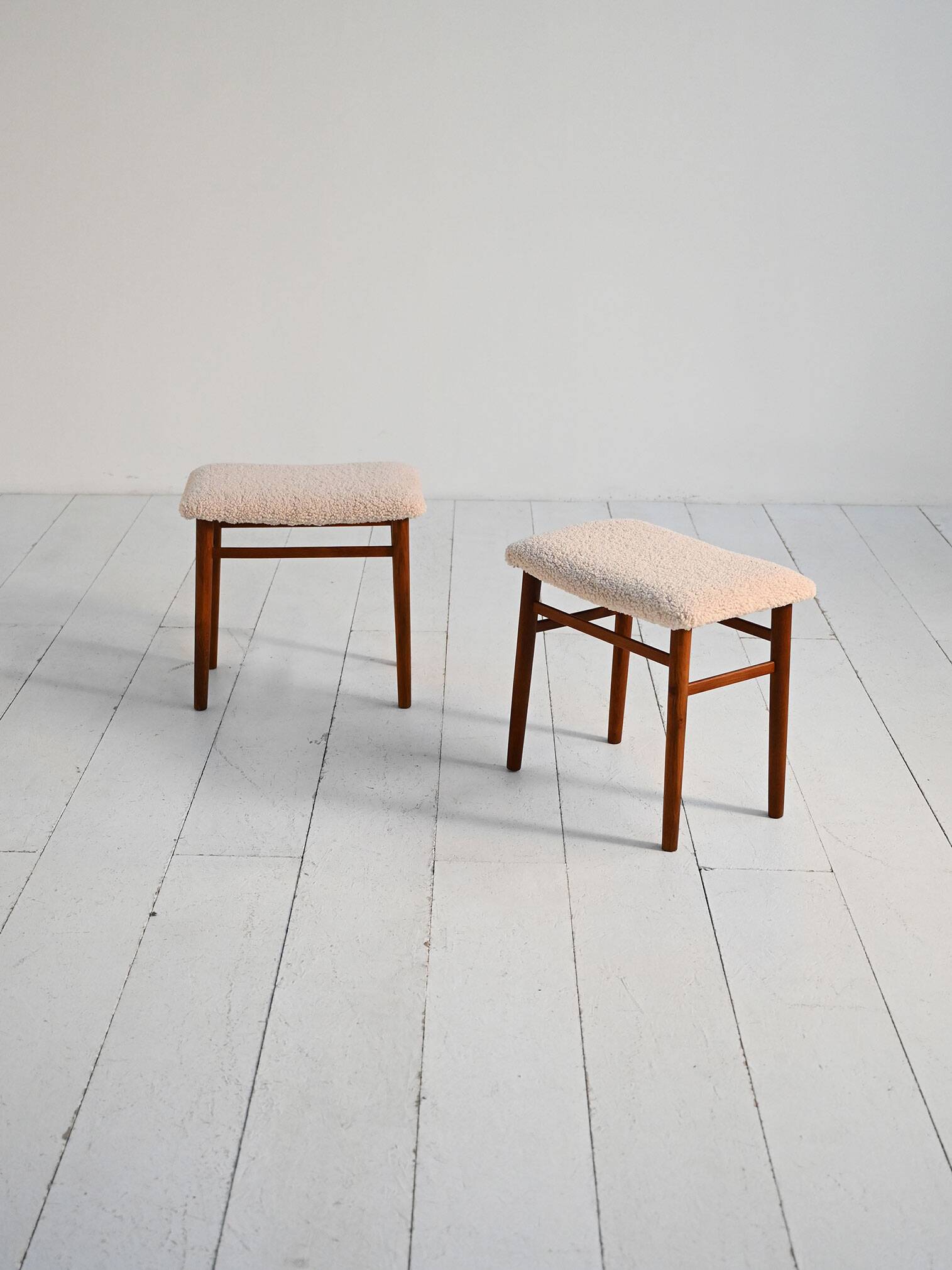 Scandinavian teak stools with sheepskin seat, 1960s