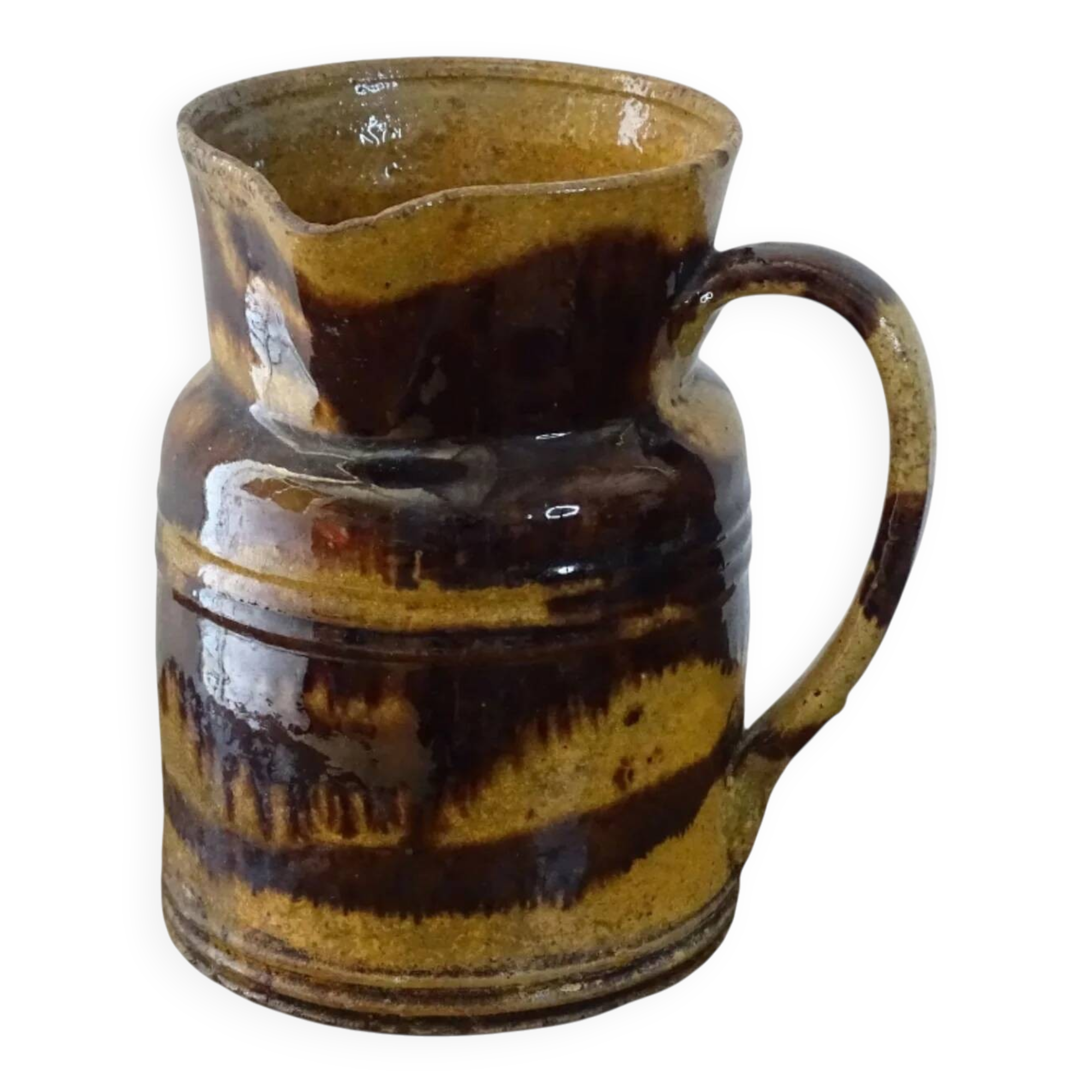 Cruche ancienne en céramique française de Dieulefit, à glace brune