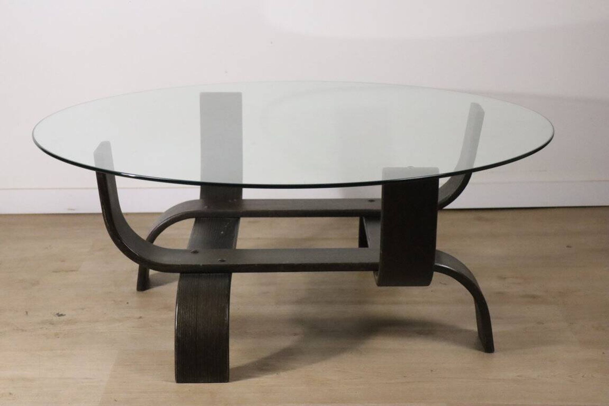 Vintage Fubo coffee table – curved wood & smoked glass – 1970s