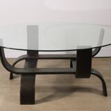 Vintage Fubo coffee table – curved wood & smoked glass – 1970s