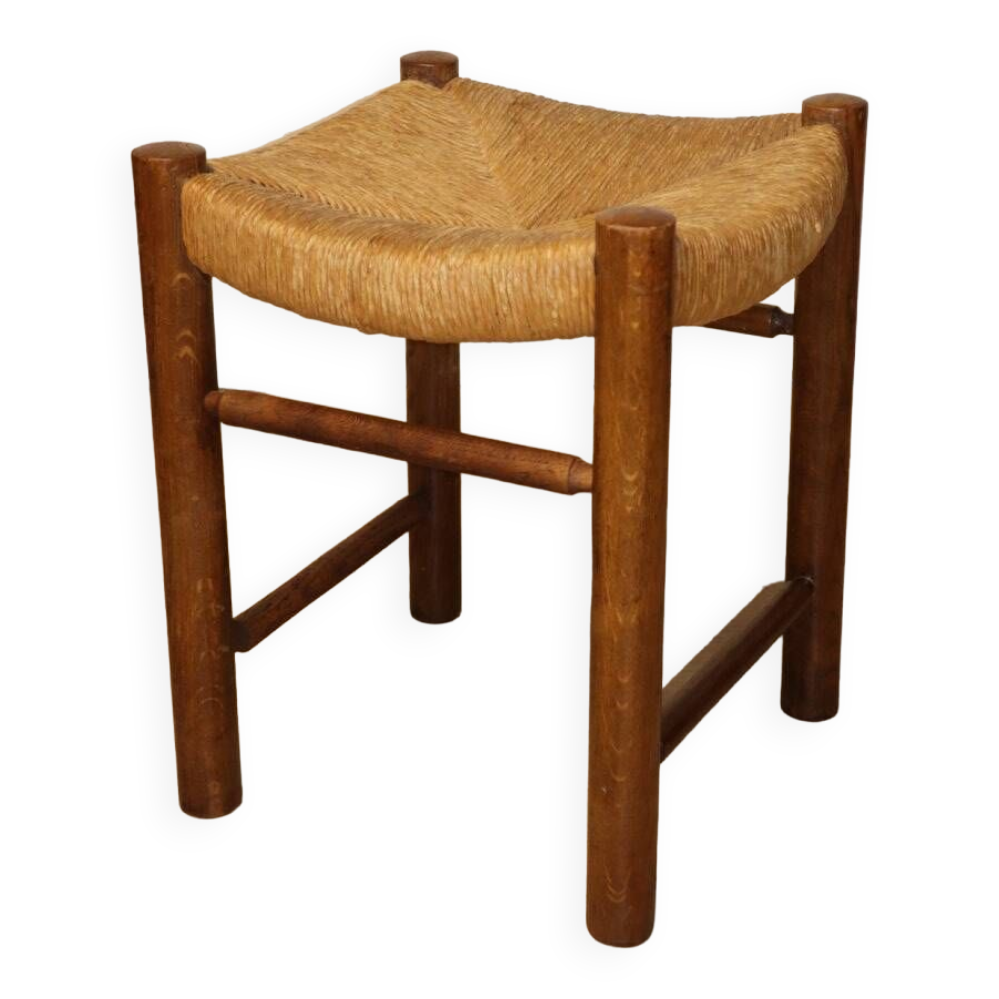 Vintage stool in solid oak and straw, 1960s