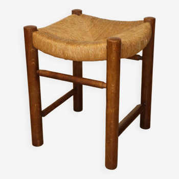 Tabouret vintage en chêne massif et paille, 1960