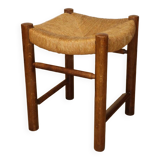 Vintage stool in solid oak and straw, 1960s