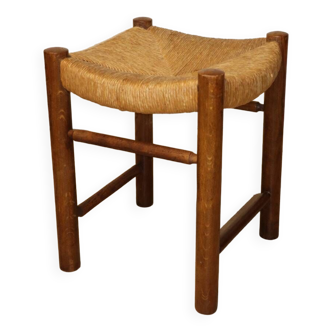 Vintage stool in solid oak and straw, 1960s