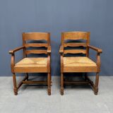 Set of two Dutch oak armchairs with rush seats