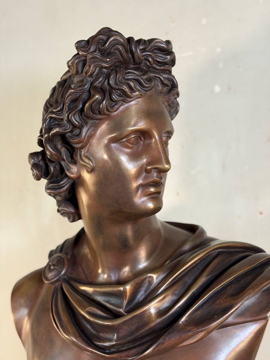 Bronze patina bust medal, Apollo of the Belvedere, bronzier Luppens, 19th century
