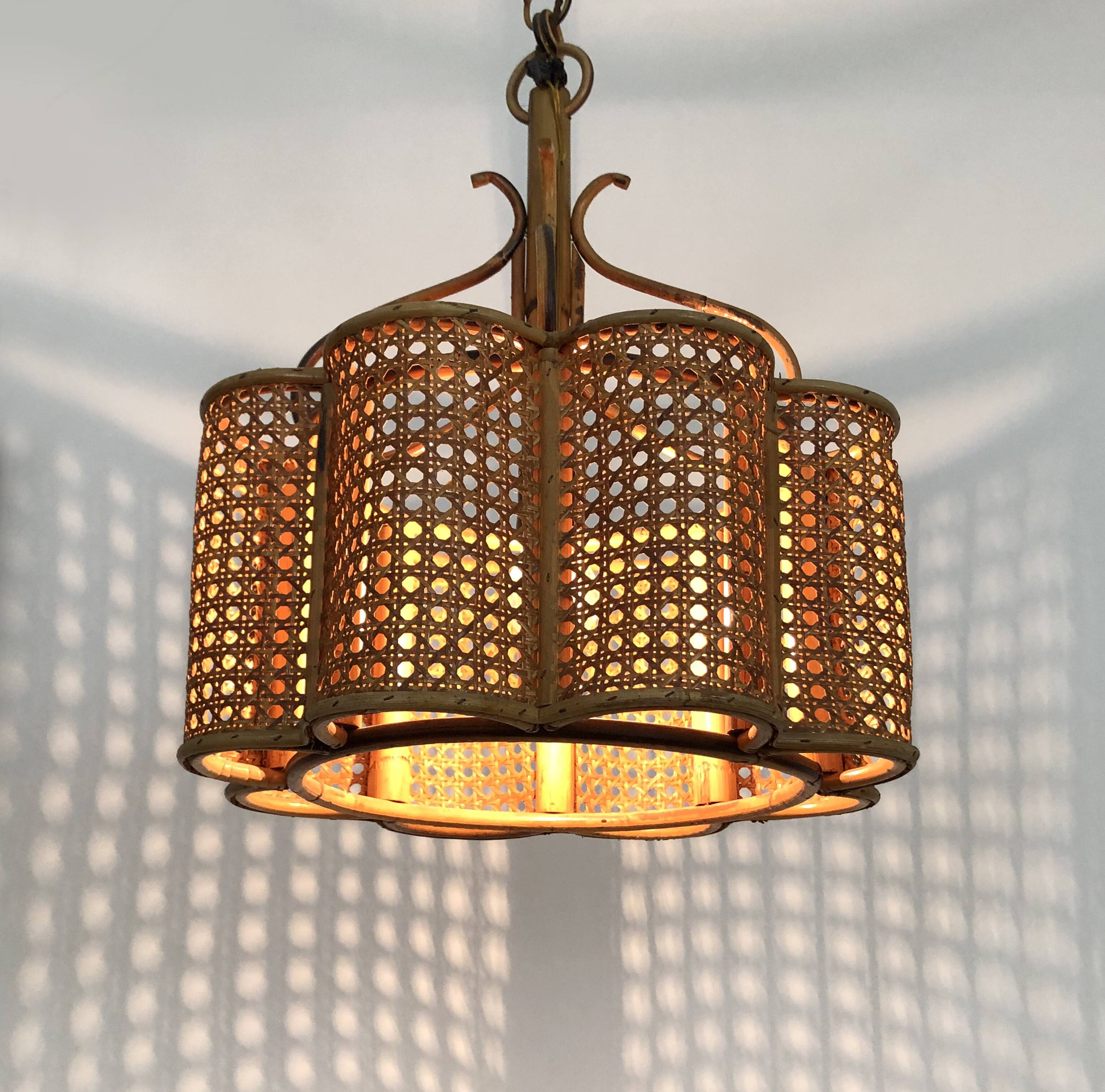 Old rattan and cane pendant light. Vintage 60s 70s