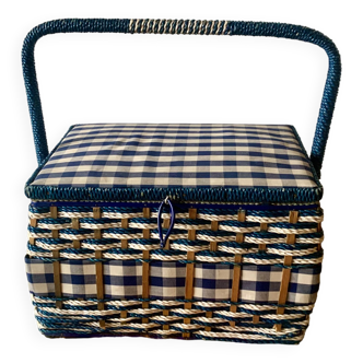Vintage sewing basket in rattan and blue and white gingham fabric