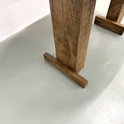 Oval table with T-shaped legs, solid oak, student woodworking project.