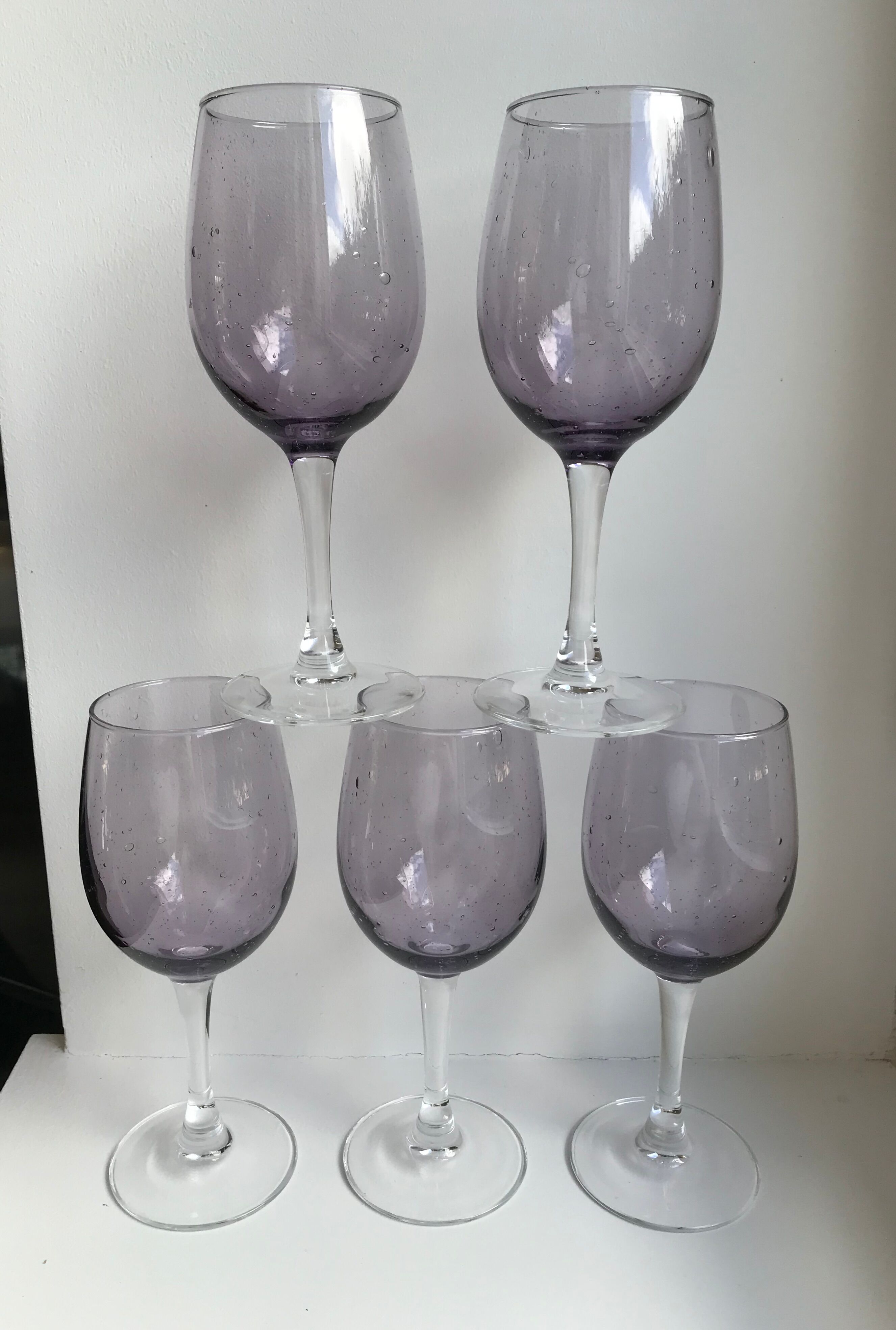 set of 5 wine glasses in purple bubble glass 70s
