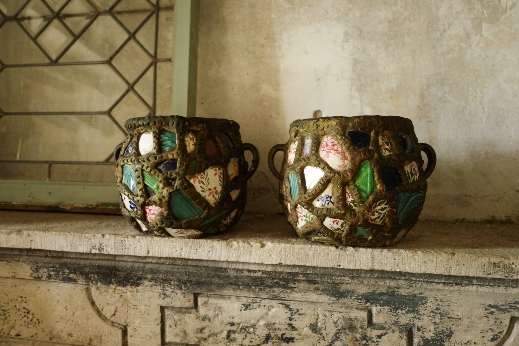 French Folk Art Mosaic Plant Pots and Plate Holders