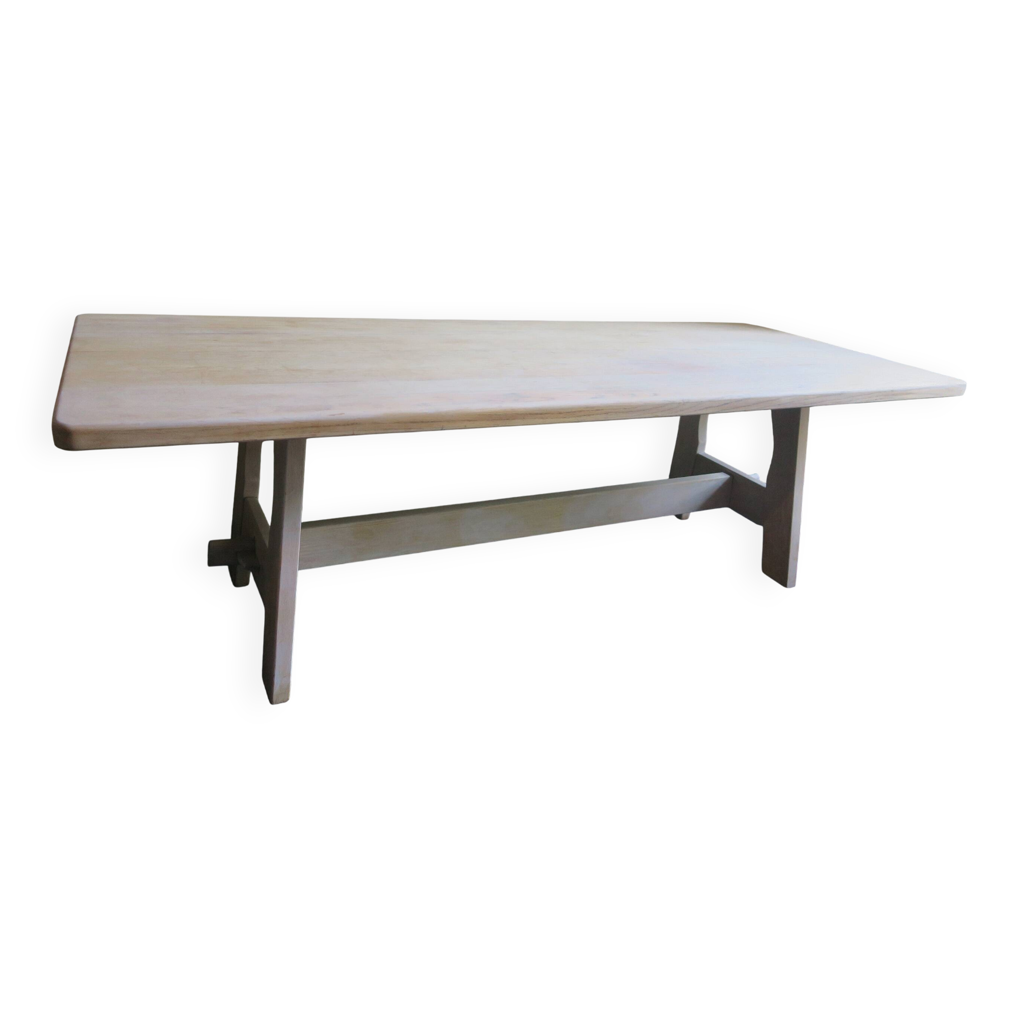 Large farmhouse trestle table in limed oak, 1940s-50s